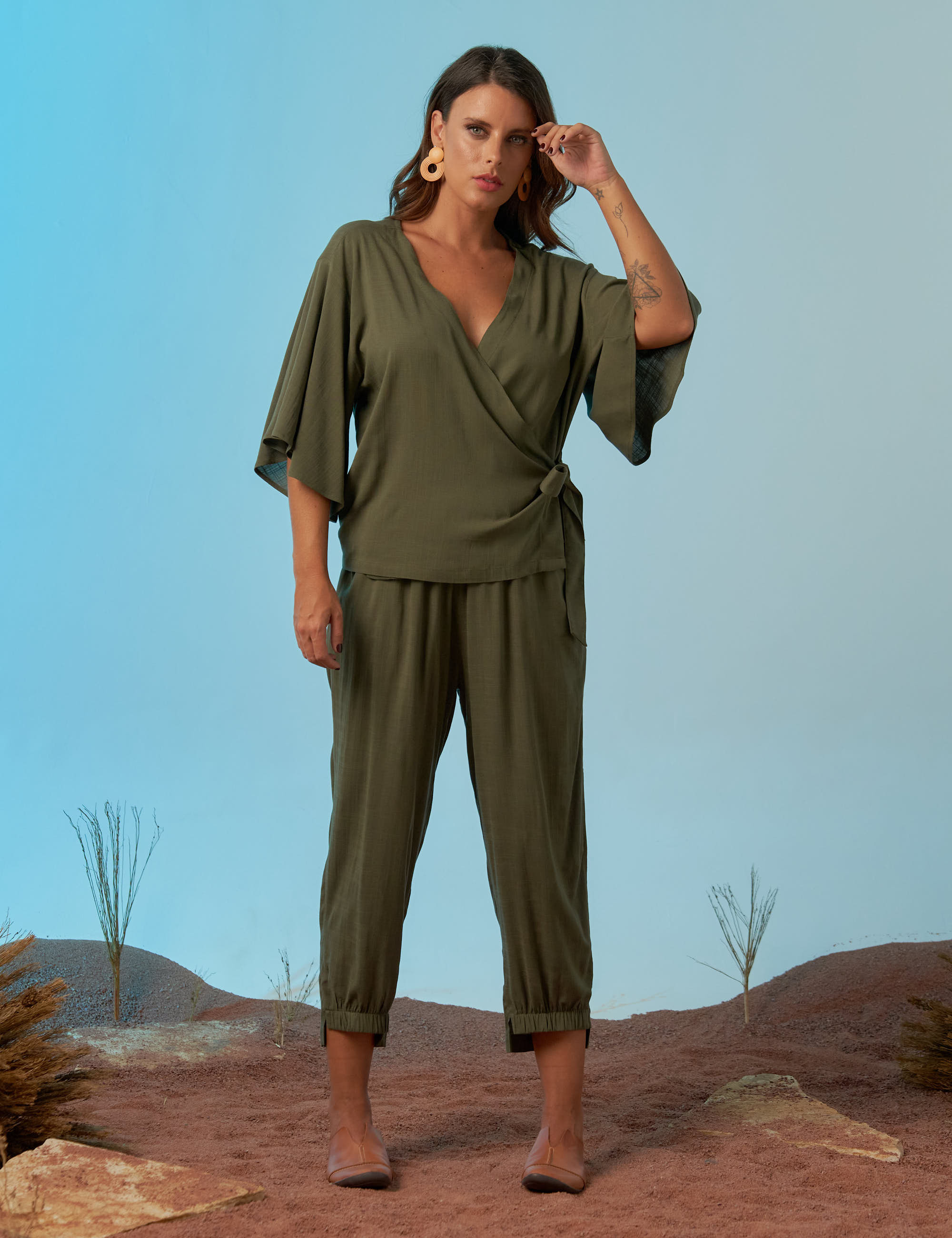 Blusa Envelope Amarração Linho Verde Botânico