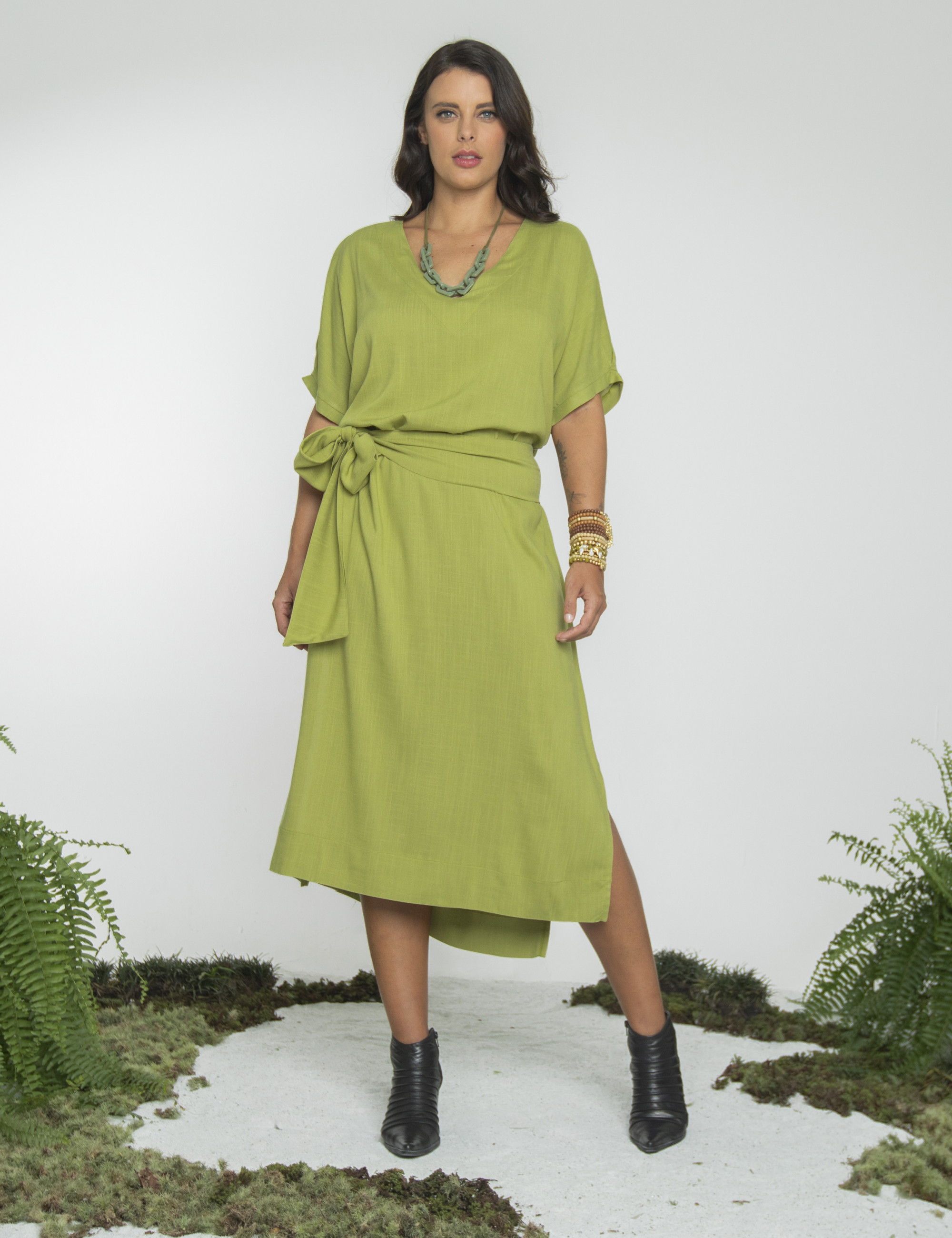 Vestido Linho Faixa Amarração Verde Atemoia
