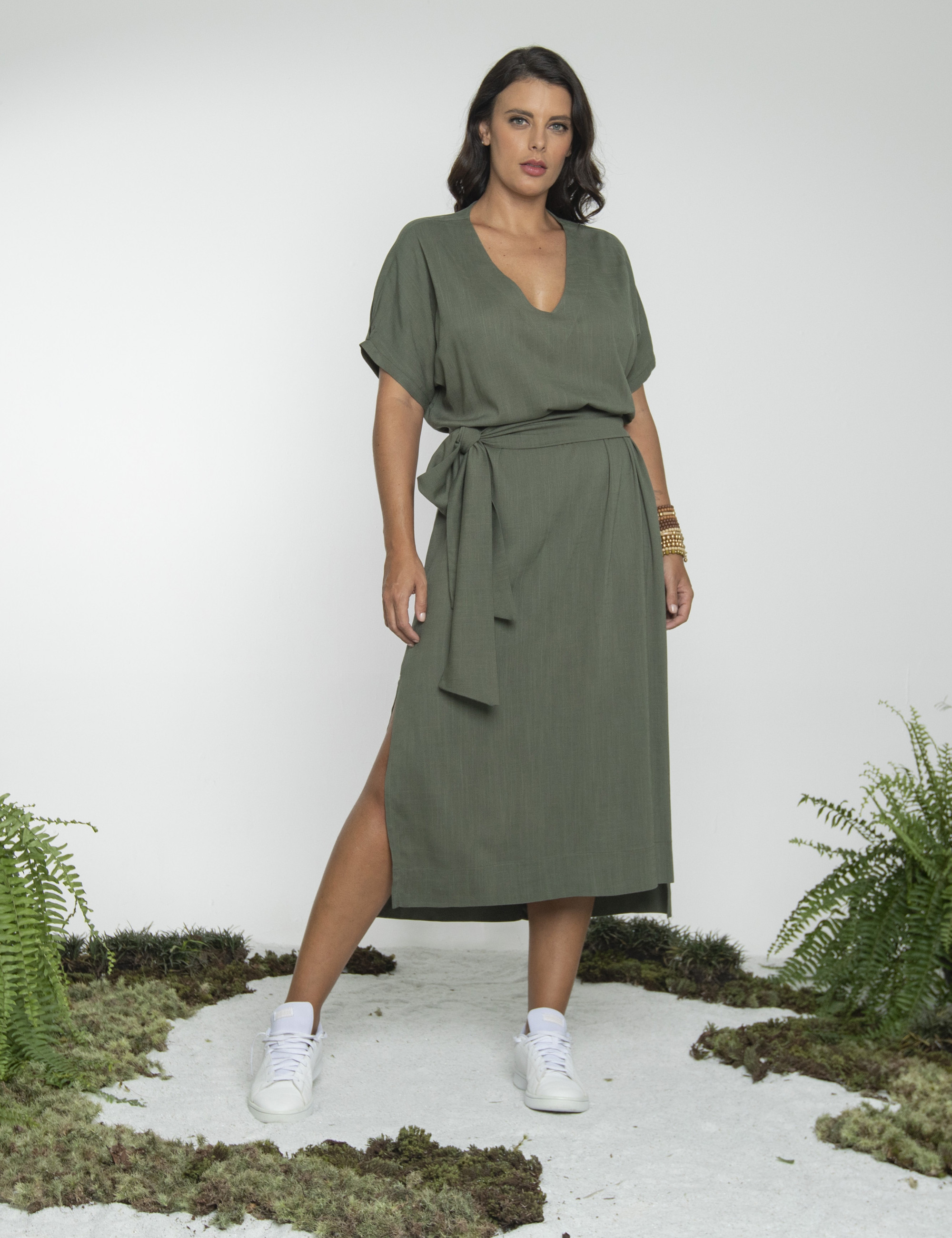 Vestido Linho Faixa Amarração Verde Botânico