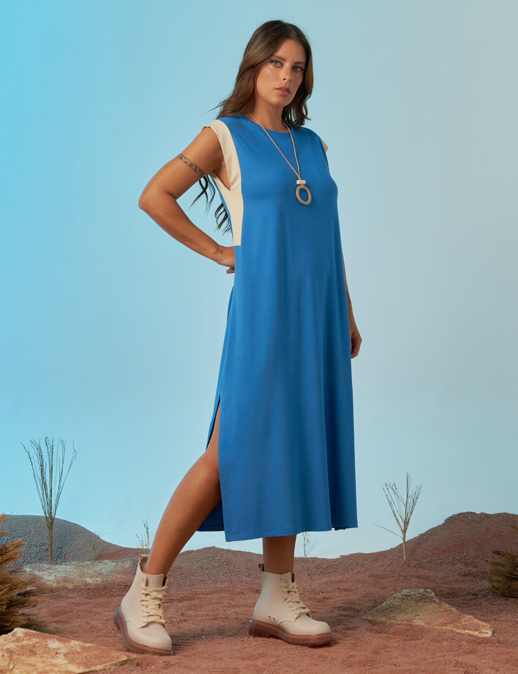 Vestido Fenda Bicolor Azul Mineral