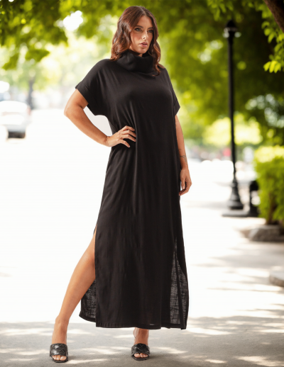 Vestido Linho Gola Alta Preto