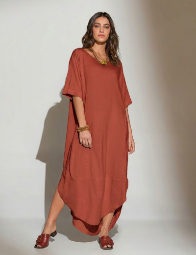 Vestido Midi Linho Marrom Argila