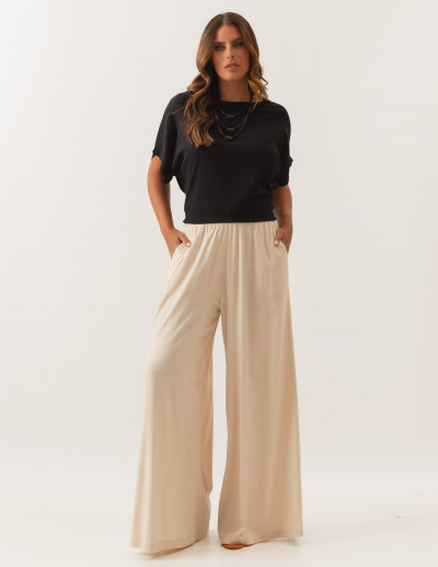 Calça Maxi Pantalona Linho Bege Tapioca