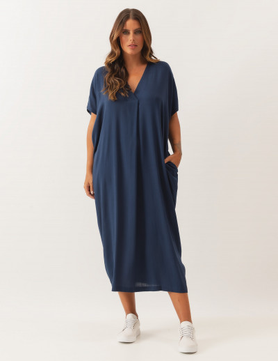 Vestido Linho Prega Azul Marinho