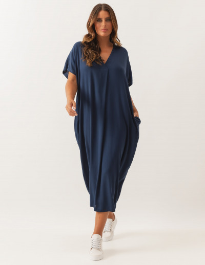 Vestido Linho Prega Azul Marinho