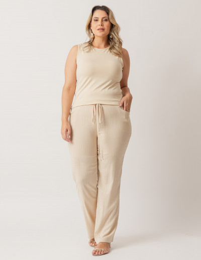 Calça Reta Linho Bege Aveia