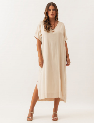 Vestido Linho Faixa Amarração Trigo