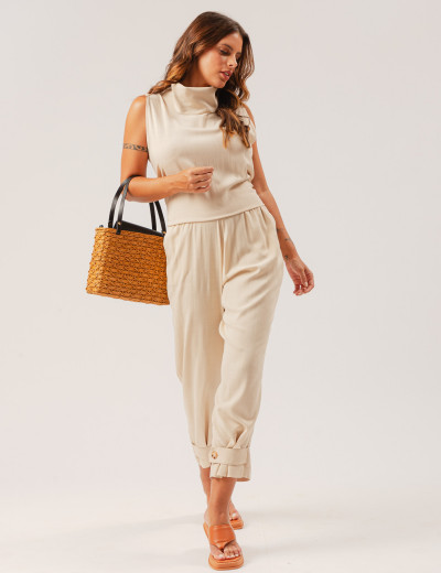 Blusa Linho Gola Alta Trigo