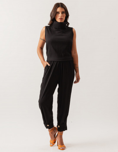 Calça Linho Botão Barra Preta