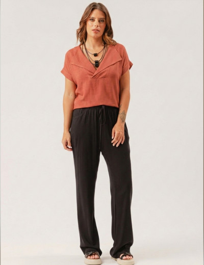 Blusa Linho Pala Decote Marrom Argila