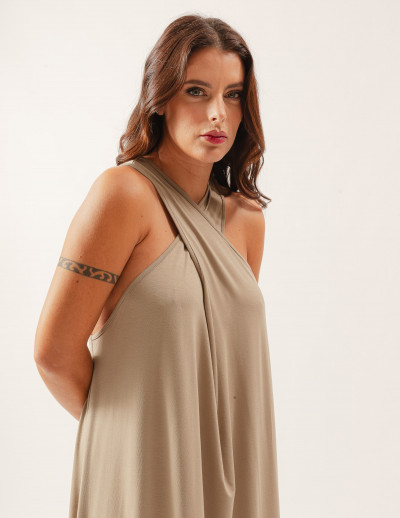 Vestido Decote Transpassado Bege Ceramica