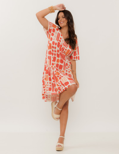 Vestido Manga Curta Estampa Etnica Romã