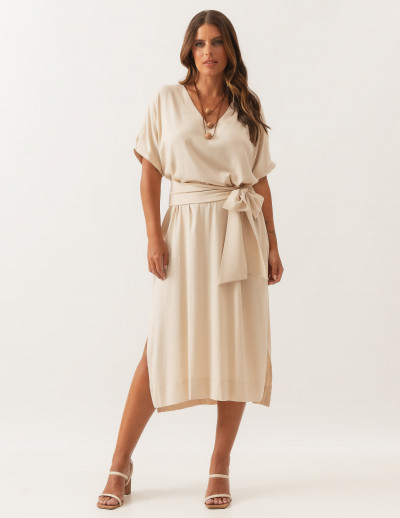 Vestido Linho Faixa Amarração Trigo