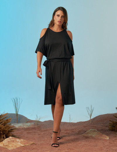 Vestido Abertura Ombro Preto