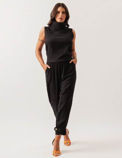 Blusa Linho Gola Alta Preta