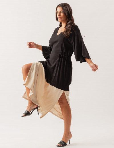 Vestido Linho Recorte Bicolor Preto