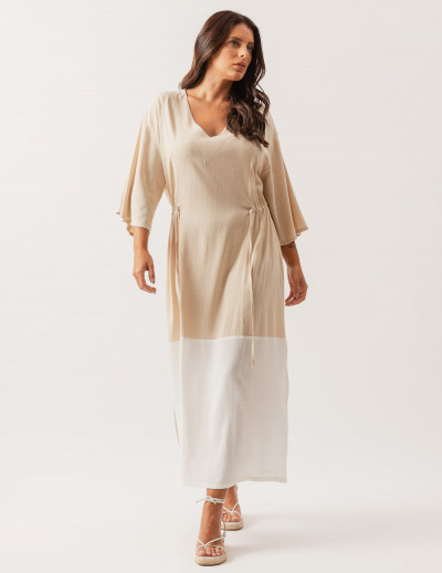 Vestido Linho Recorte Bicolor Trigo