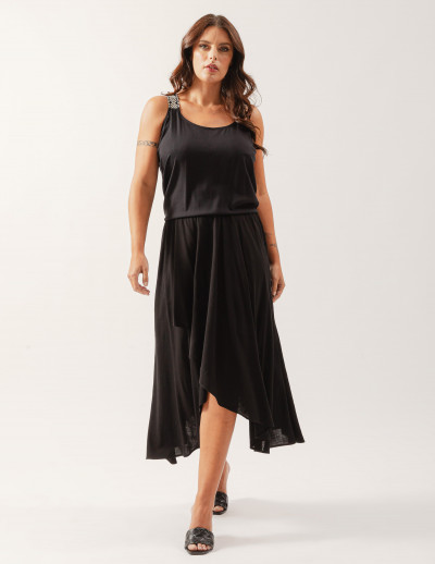 Saia Linho Midi Transpasse Preto