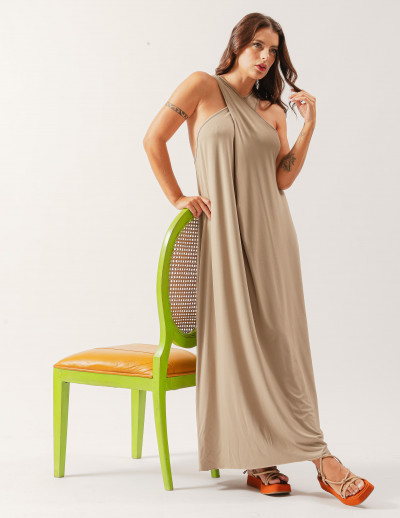 Vestido Decote Transpassado Bege Ceramica