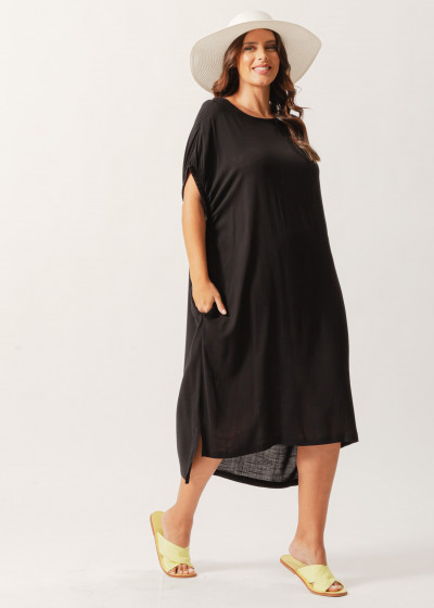 Vestido Linho Manga Elástico Preto