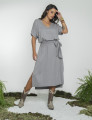 Vestido Linho Faixa Amarração Cinza Granizo